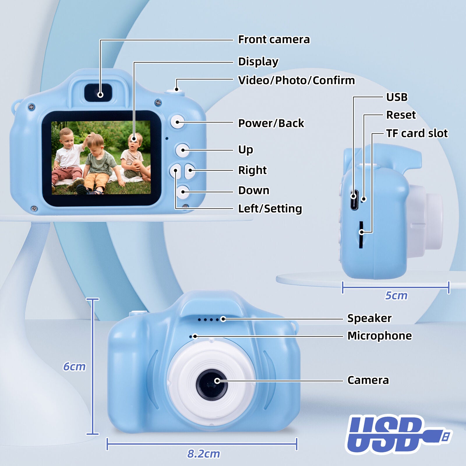 Kids Digital Dual Lens Camera, 4x Zoom and HD Video Recording (Blue) - SuperSaverAU - view 4