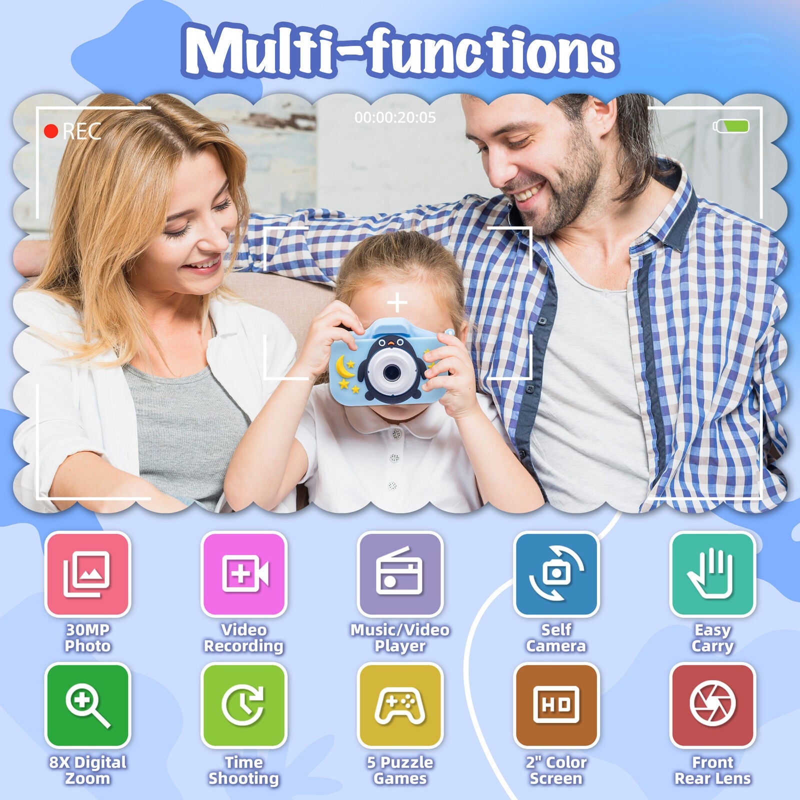 Kids Digital Dual Lens Camera, 4x Zoom and HD Video Recording (Blue) - SuperSaverAU - view 8
