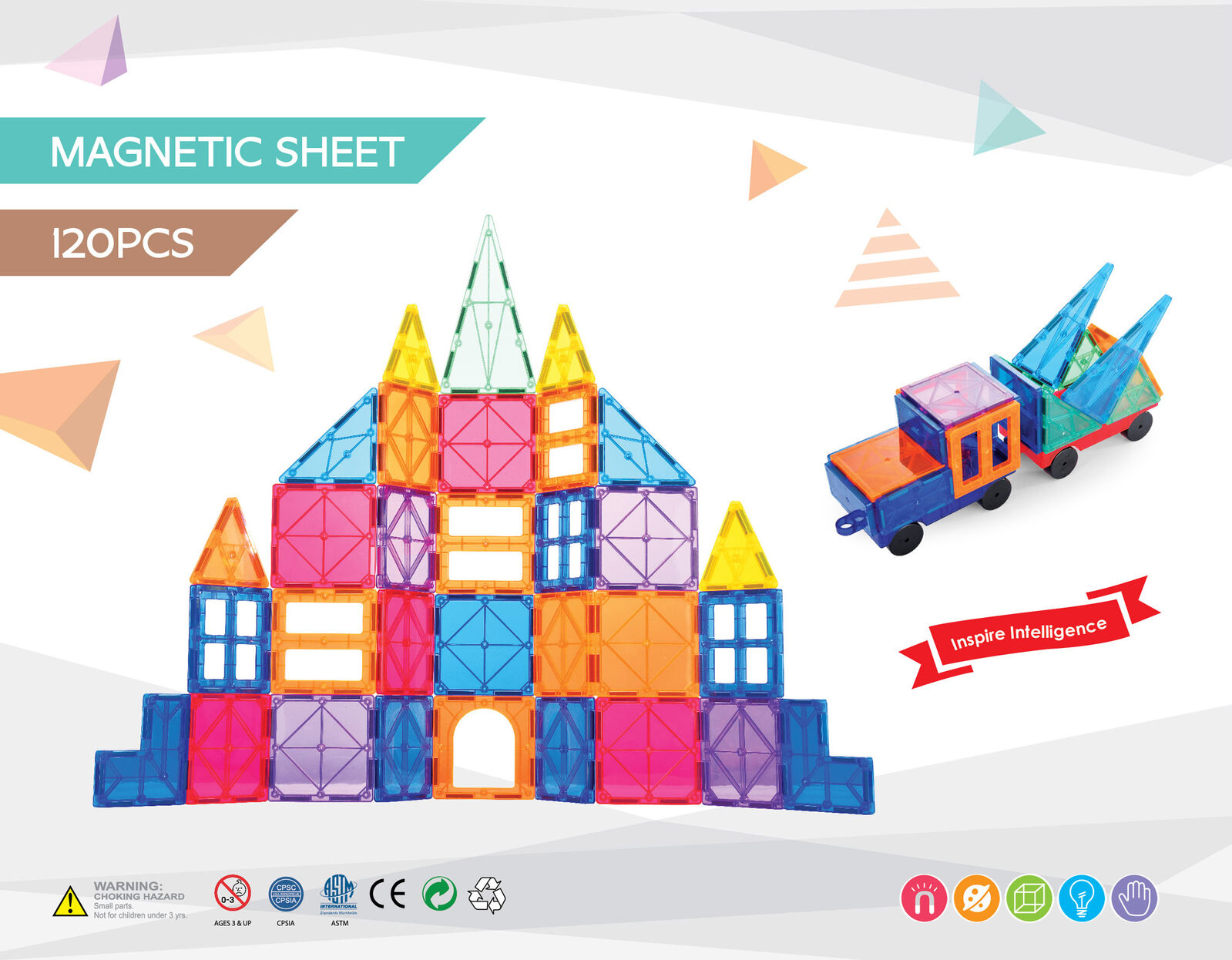 120 Pcs non-toxic STEM Educational, Durable Magnetic Tiles/Puzzle with Storage Bag - SuperSaverAU - view 5