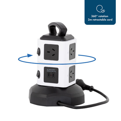 Lenoxx Tower Power Board with 6 Outlets and 4 USB Ports - Black/White