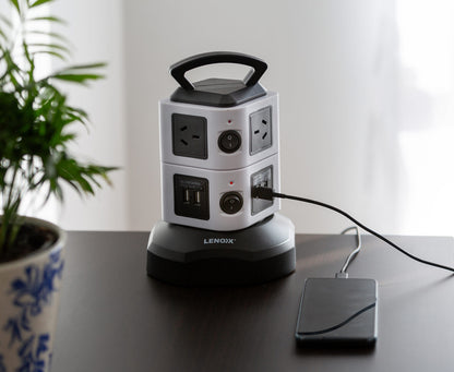 Lenoxx Tower Power Board with 6 Outlets and 4 USB Ports - Black/White