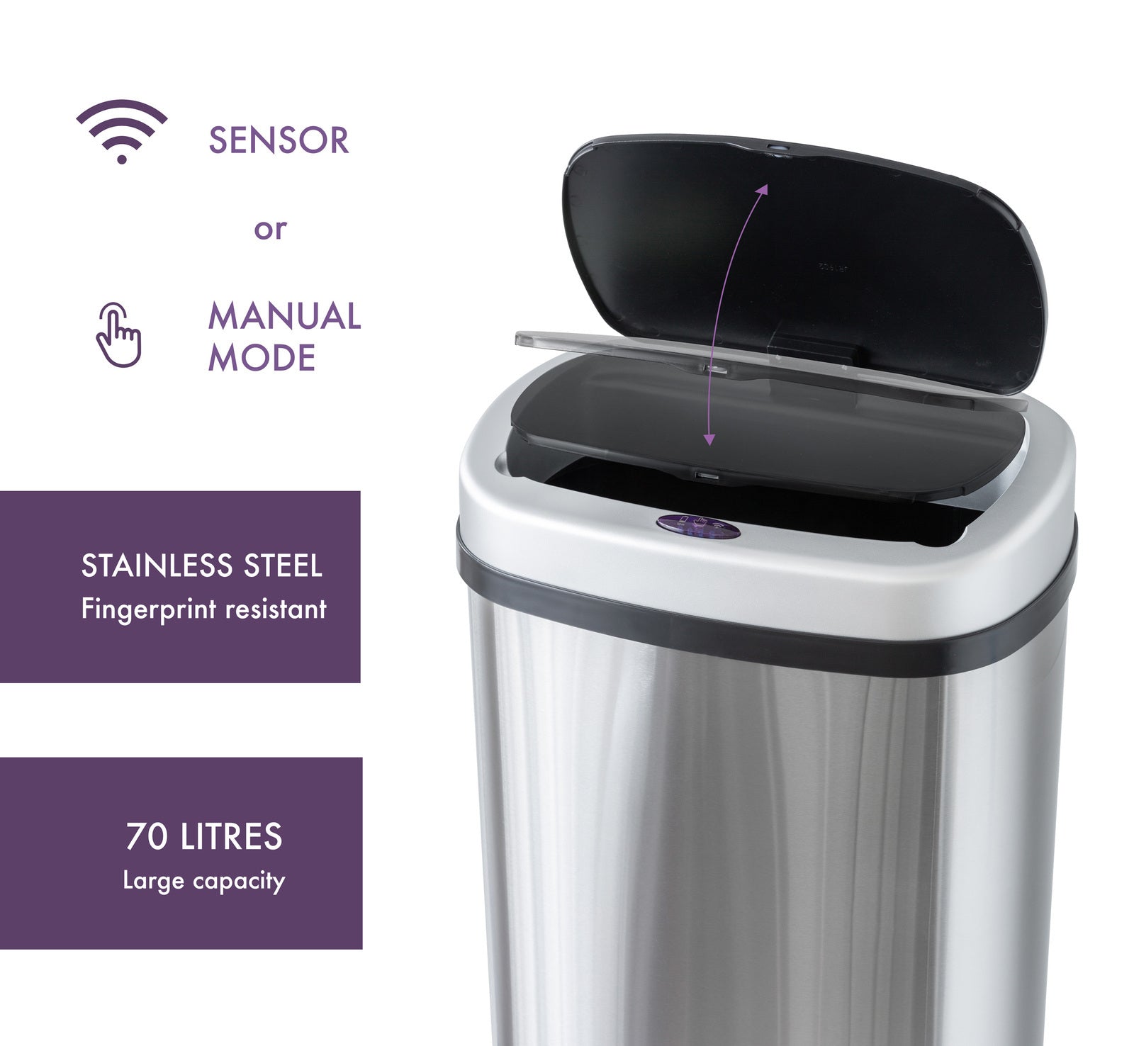 Premium 70L Stainless Steel Motion Sensor Rubbish Bin