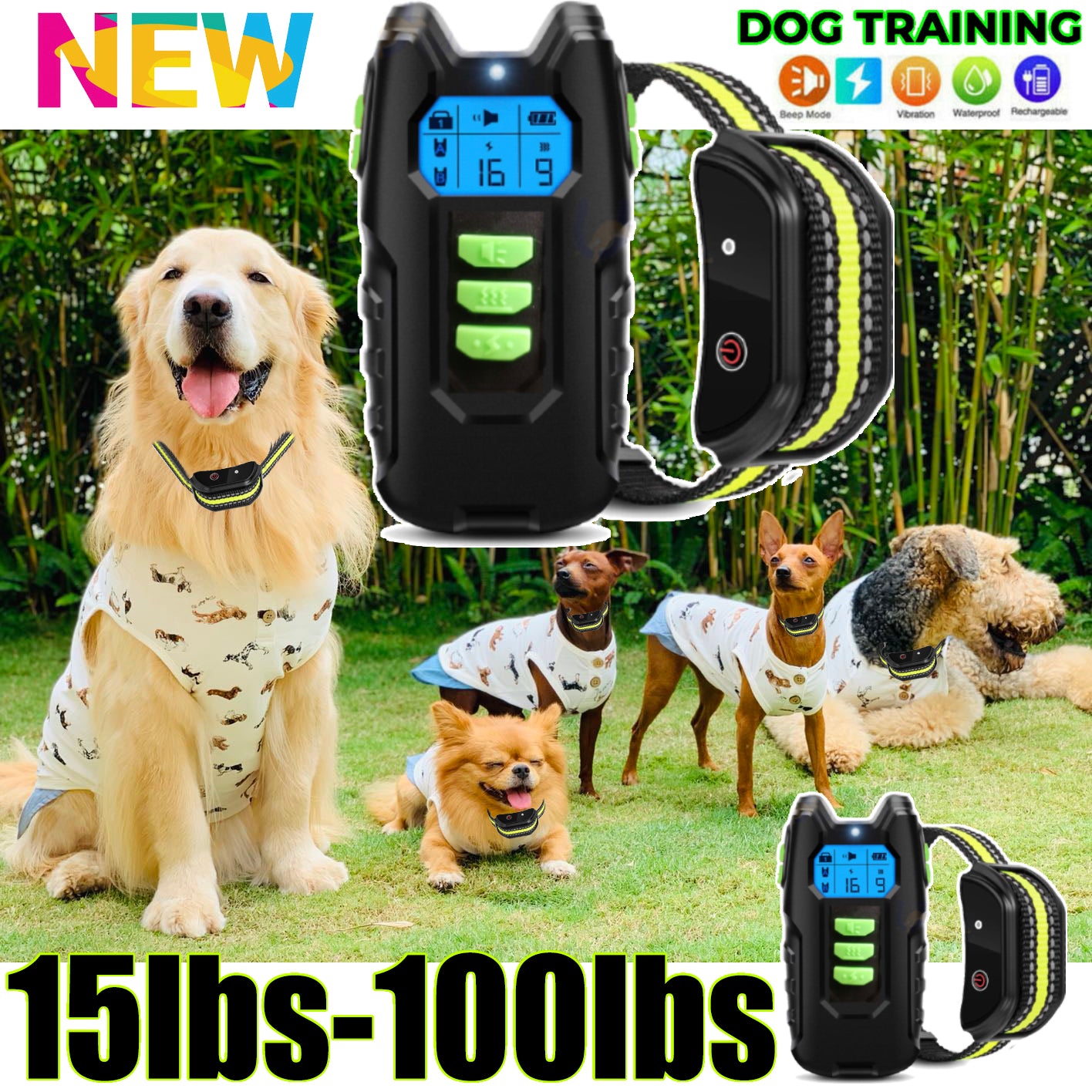 Electric Pet Dog Training Collar, Rechargeable, 1000m Range, IP67 Waterproof, 4lbs-100lbs