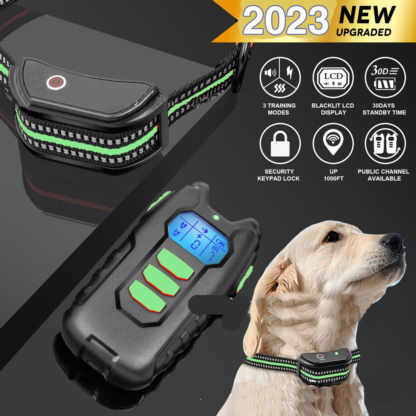 Electric Pet Dog Training Collar, Rechargeable, 1000m Range, IP67 Waterproof, 4lbs-100lbs