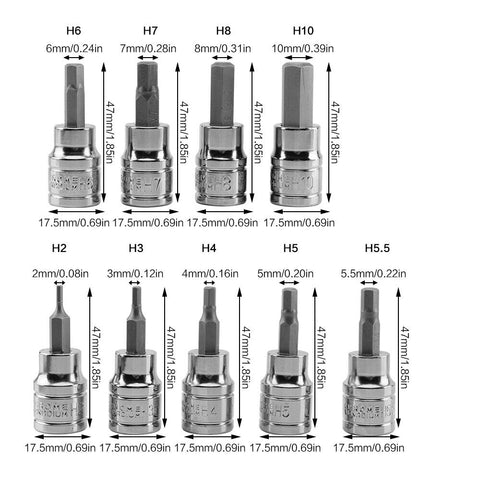 Hex Allen Key Sockets Set 9pcs 3/8" Drive Metric 2-10mm Chrome Vanadium - SuperSaverAU - view 2