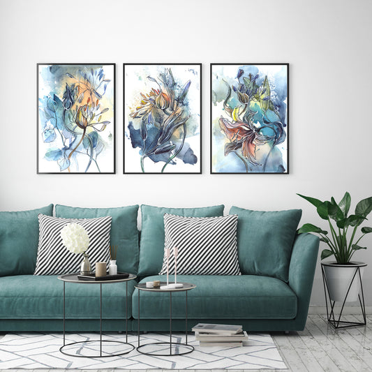 Wall Art 50cmx70cm Watercolor Style Abstract Flower 3 Sets Black Frame Canvas