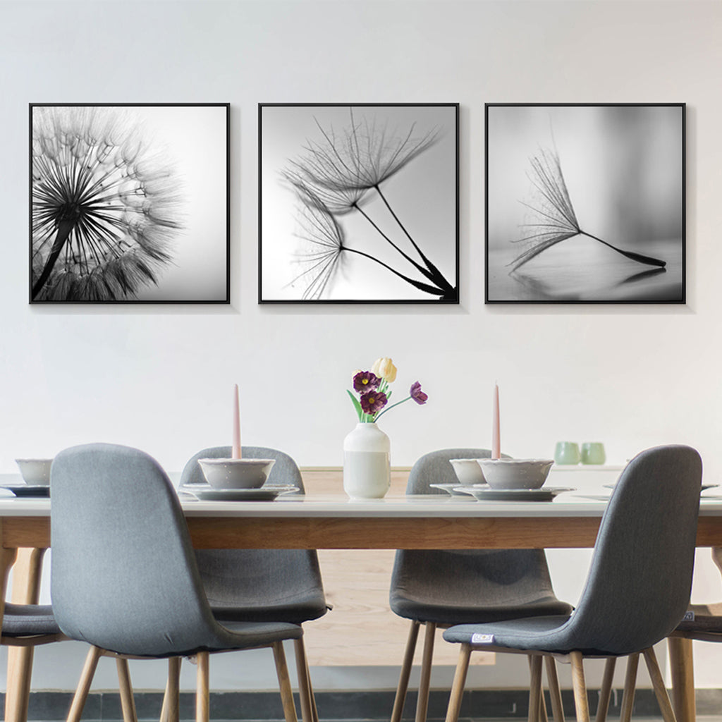 Botanical Dandelions Wall Art 50cmx50cm Canvas Framed 3 Sets Black Frame