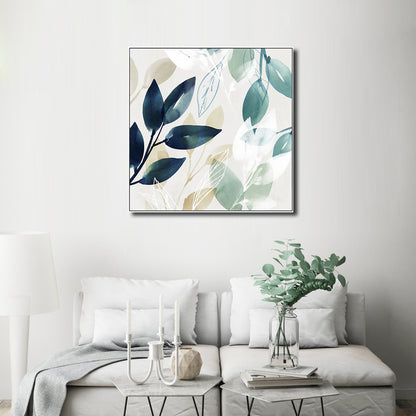 Watercolour Style Leaves Canvas Wall Art 70cmx70cm White Frame, Hand Framed in Melbourne