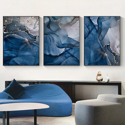 Blue Gold Marble Wall Art 50cmx70cm Canvas Framed, Stretched & Ready to Hang