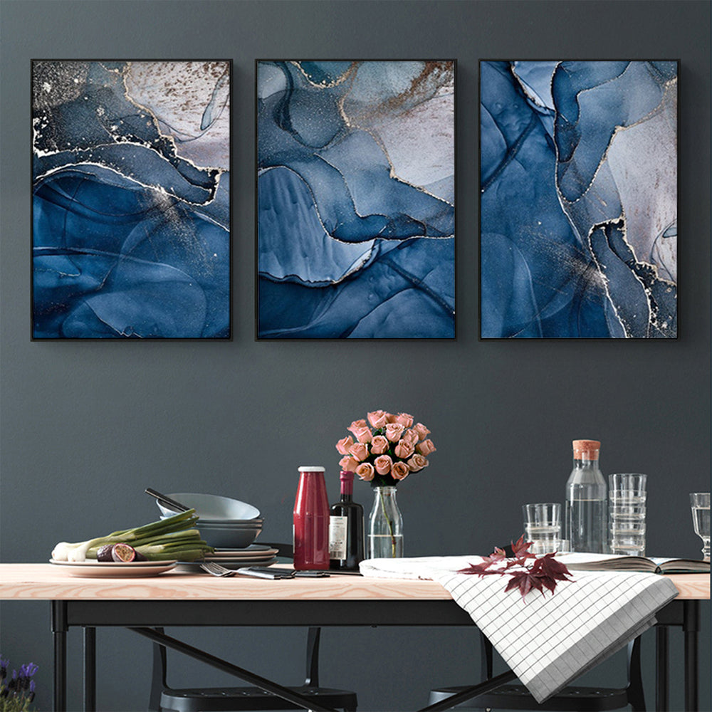 Blue Gold Marble Wall Art 60cmx90cm Canvas Framed Print - Hand Framed in Melbourne