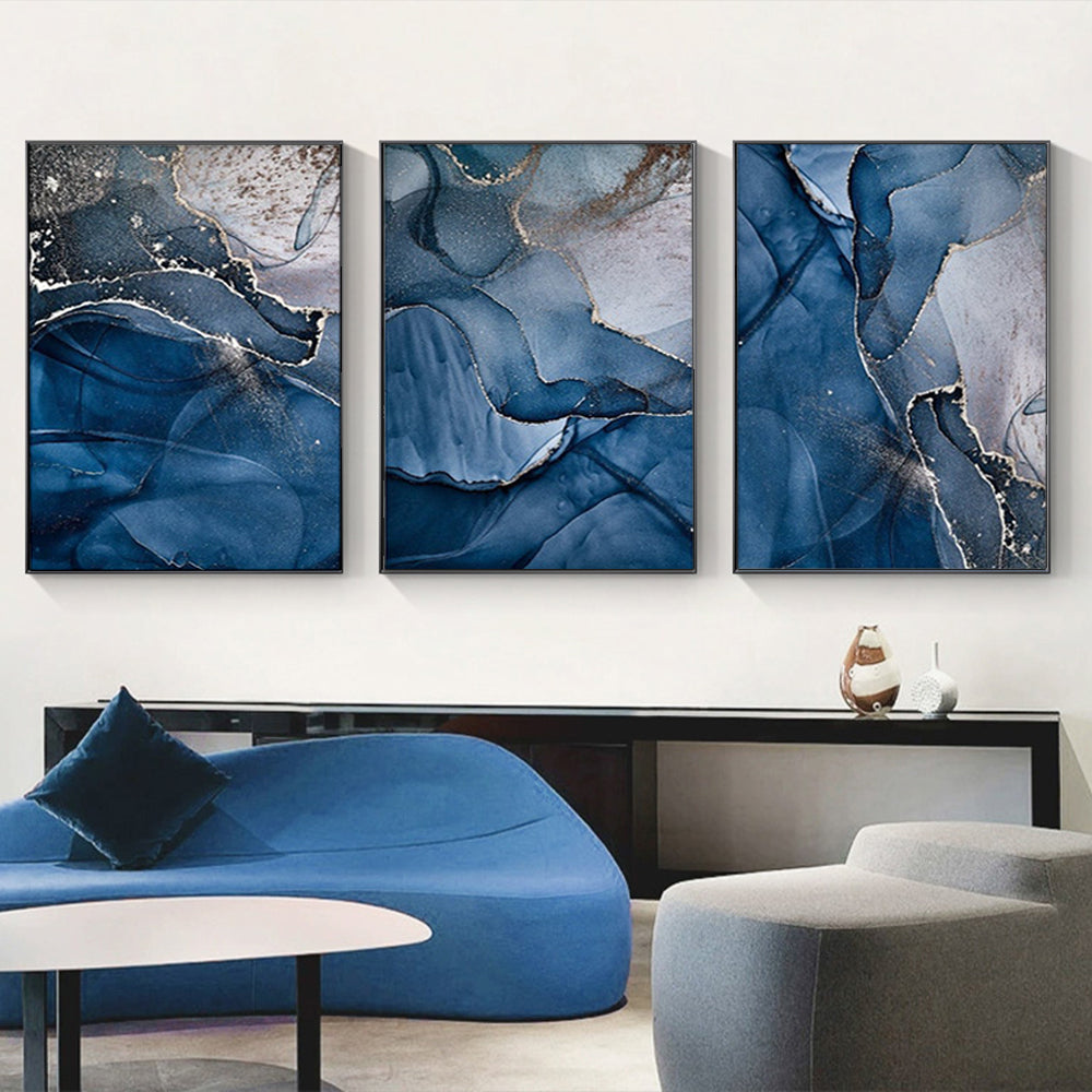 Blue Gold Marble Wall Art 60cmx90cm Canvas Framed Print - Hand Framed in Melbourne