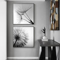 Premium Black and White Dandelion Framed Canvas Wall Art Set - Black Frame, 40 x 40cm