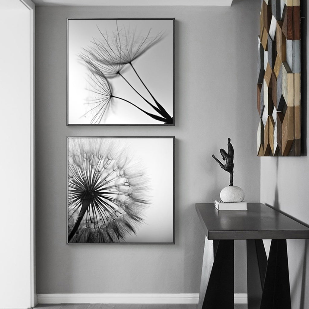 Premium Black and White Dandelion Framed Canvas Wall Art Set - Black Frame, 40 x 40cm