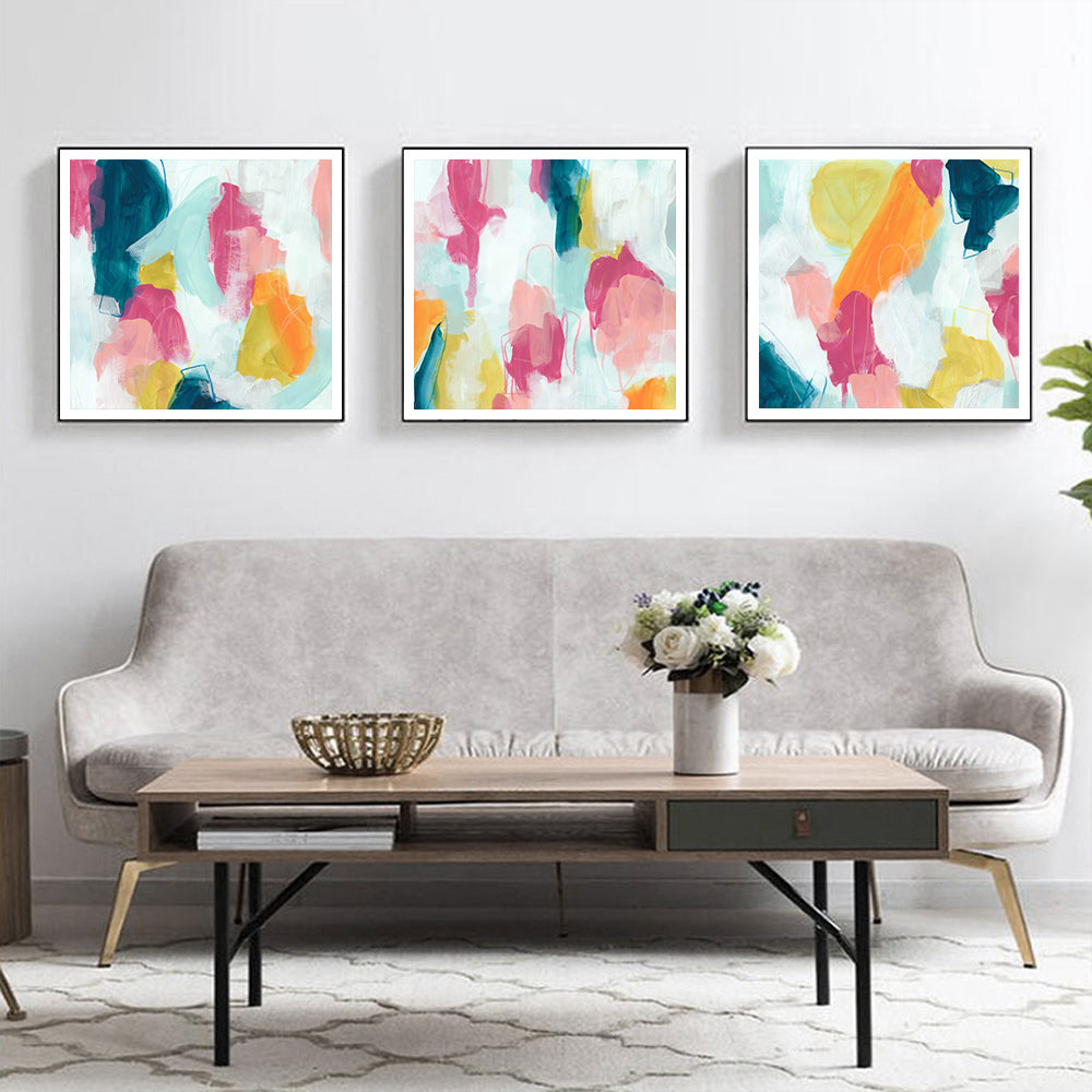 Colourful Wall Art Canvas 70cmx70cm - 3 Sets Black Frame, Hand Framed in Melbourne