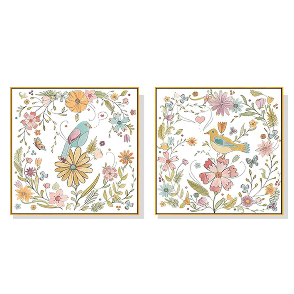 Floral Birds Canvas Wall Art 100cmx100cm Gold Frame, Hand Framed in Melbourne