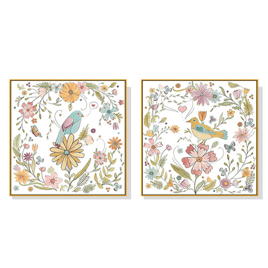 Floral Birds Canvas Wall Art 100cmx100cm Gold Frame, Hand Framed in Melbourne