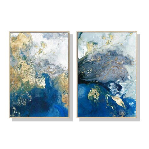 Premium Marbled Blue And Gold Framed Canvas Wall Art 2 Set - Gold Frame, 70 x 100cm