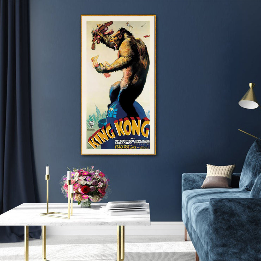 Premium King Kong 1933 Framed Canvas Wall Art - Gold Frame, 40 x 80cm