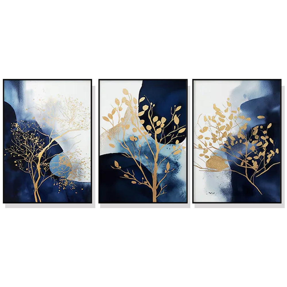 Navy and Gold Watercolor Shapes Canvas Wall Art 60cmx90cm Framed, Made in Australia