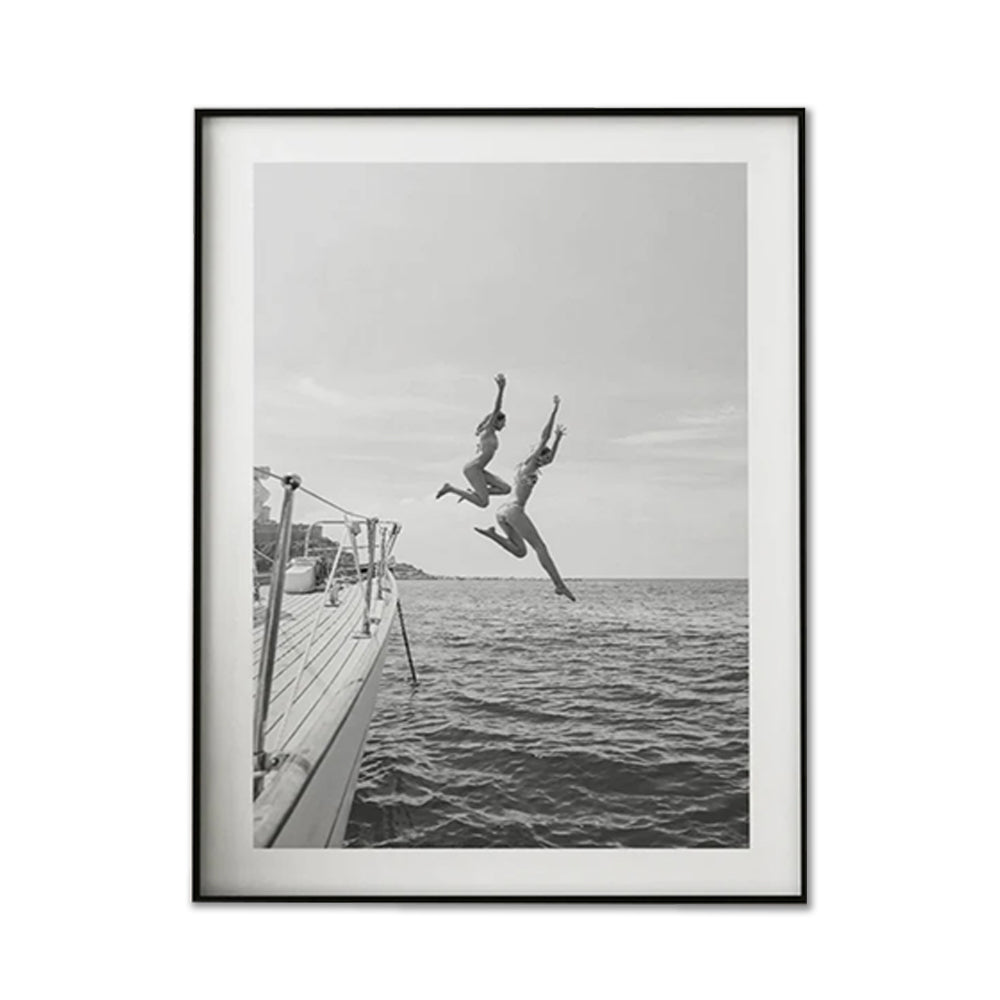 Black and White Ocean Jump Canvas Wall Art 90cmx135cm Framed in Melbourne