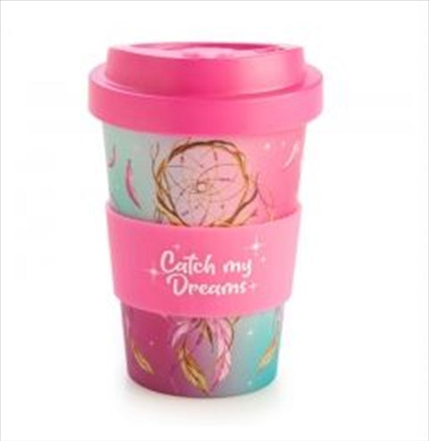 Dreamcatcher Eco-to-Go Bamboo Cup 470ml with Pink Lid & Silicone Band - SuperSaverAU - view 1