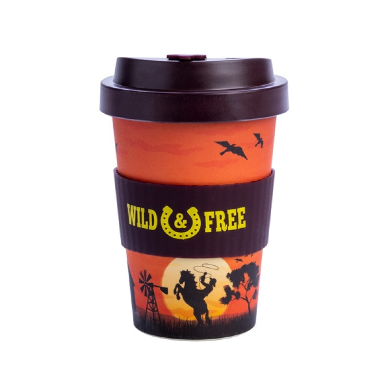 EcoGO Bamboo Travel Cup 100x100x140mm - Cowboy Design, Anti-Spill Lid, 'Wild & Free' - SuperSaverAU - view 1