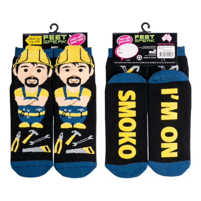 Premium Tradie Feet Speak Socks Black Blue with I'M ON SMOKO Sole, One Size - SuperSaverAU - view 1