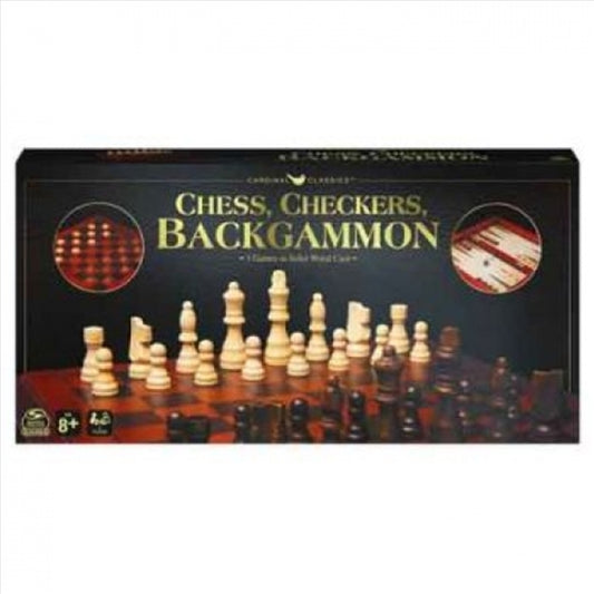 Deluxe Wood Chess, Checkers & Backgammon Set - 3 Classic Games in One Cabinet