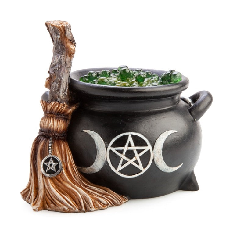 Witches' Cauldron LED Light - 145x110x115mm - Green Resin Bubbles, Broomstick - SuperSaverAU - view 1