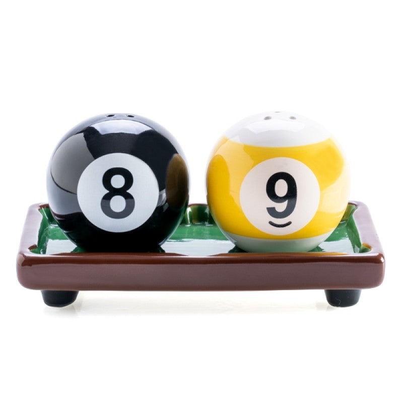 Premium 8 Ball Pool Salt and Pepper Shaker Set with Pool Table Holder