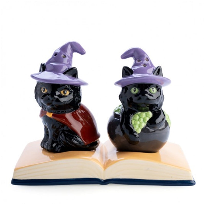 Black Cat Salt Pepper Shakers Set with Vintage Book Tray, Hand Wash Only