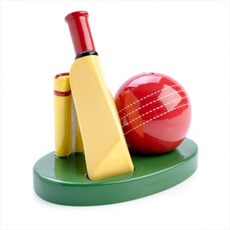 Cricket Ball and Bat Salt and Pepper Shakers Set with Green Turf Display