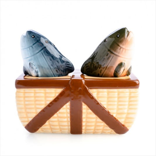 Quirky Fish-Shaped Salt and Pepper Set with Picnic Basket Holder