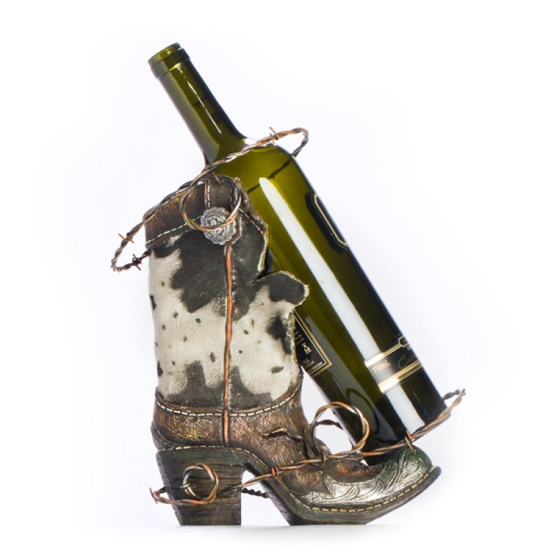 Western Boot Shaped Wine Bottle Holder with Genuine Barb Wire & Hide Effect