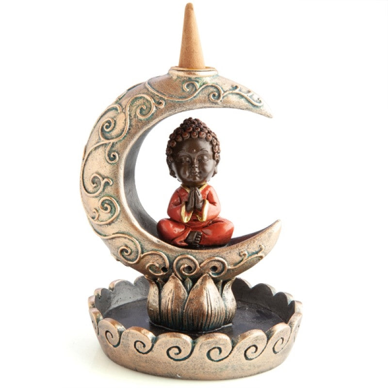 Baby Buddha Crescent Moon Backflow Incense Burner - Antique Gold Finish - SuperSaverAU - view 1