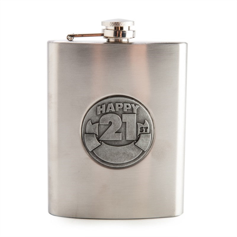 Engravable Metal Flask 8 oz with 3D 21st Birthday Badge, Zincalume Finish - SuperSaverAU - view 1