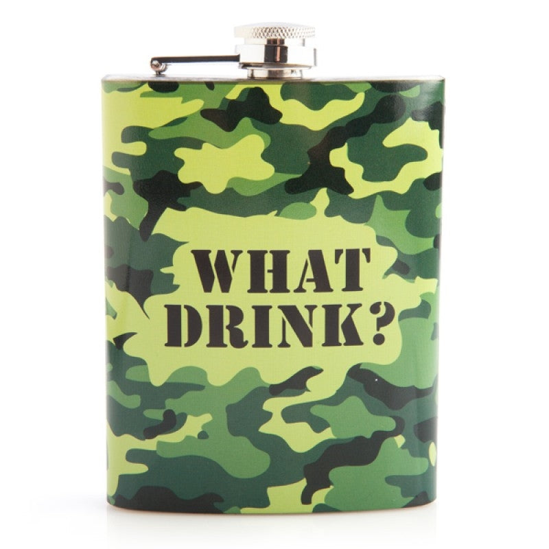 Camo Design Stainless Steel Flask 8oz / 235mL - "What Drink?" Stencil - SuperSaverAU - view 1