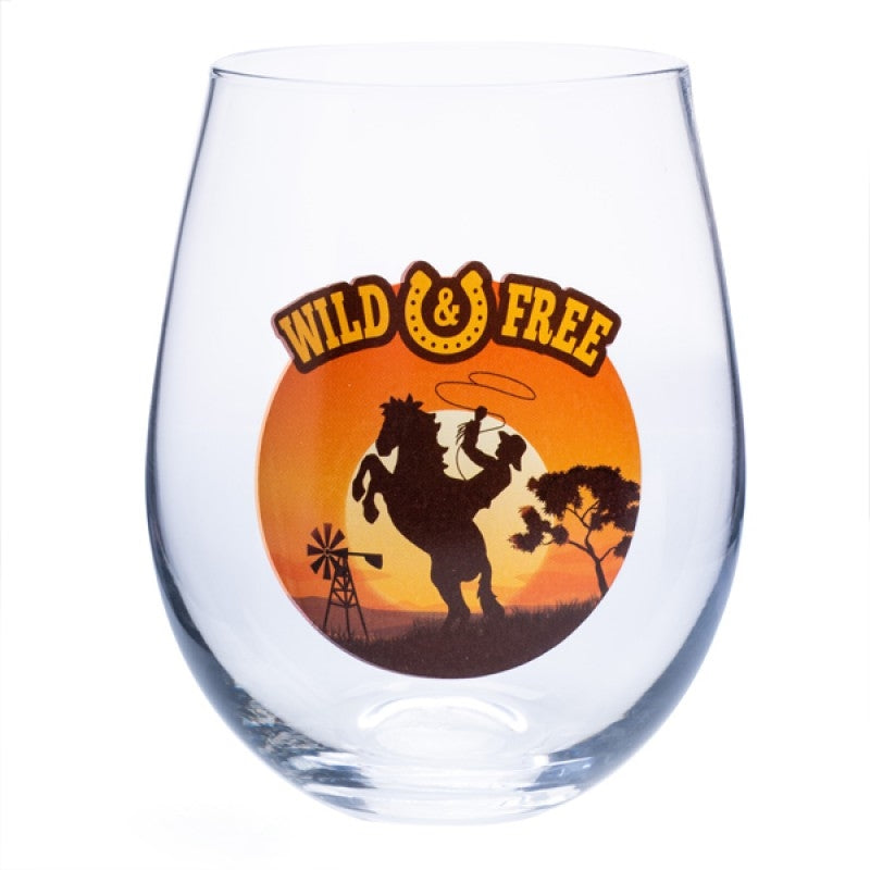 Wild And Free Stemless Wine Glass - Hand-Blown with Cowboy Design - SuperSaverAU - view 1