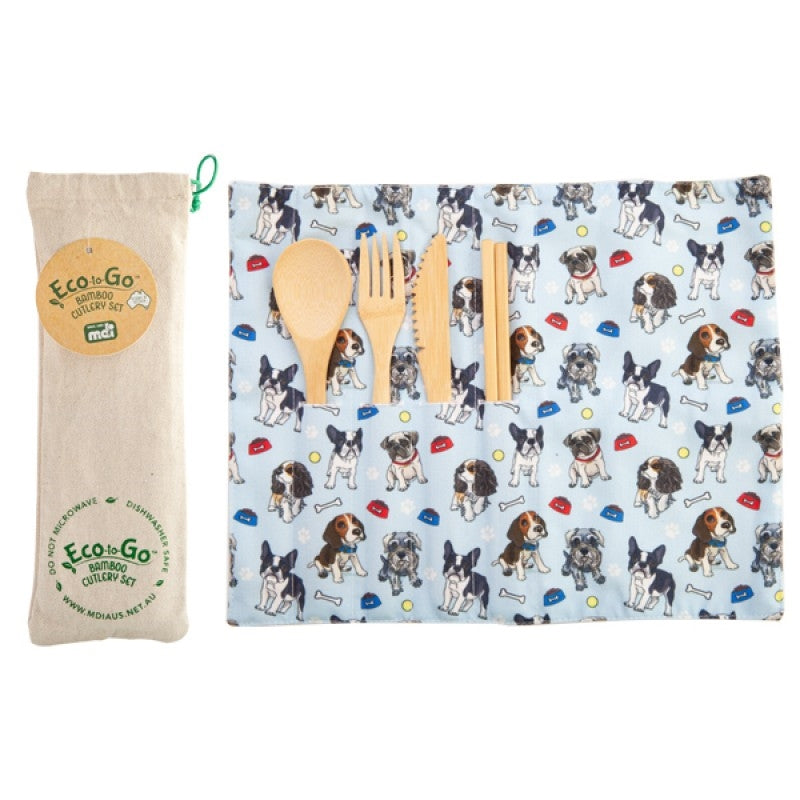 Eco-friendly Bamboo Cutlery Set with Puppy Placemat & Travel Wrap - SuperSaverAU - view 1