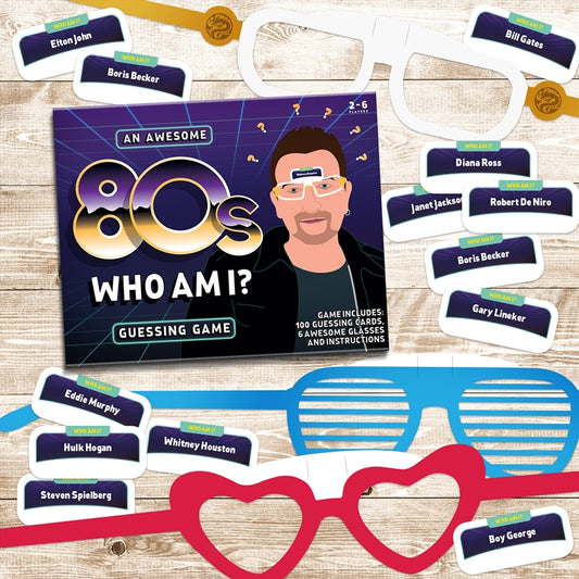 80s Who Am I? Game - 100 Cards, 6 Glasses, 17.5x14x3.5cm, Cardboard Box