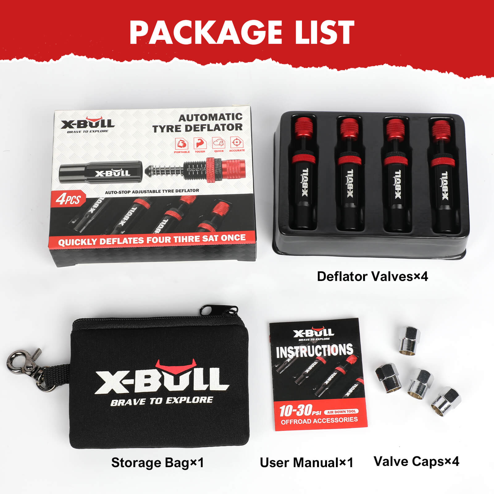 X-BULL Adjustable Tyre Deflators 10-30 PSI - 4pcs