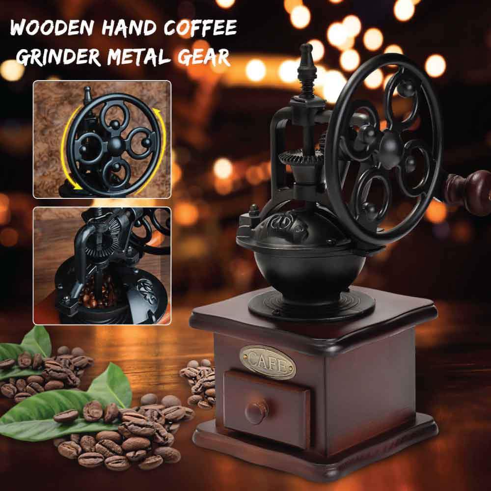 Vintage Manual Coffee Bean Grinder Wood Cast Iron Hand Mill with Ceramic Core - SuperSaverAU - view 4