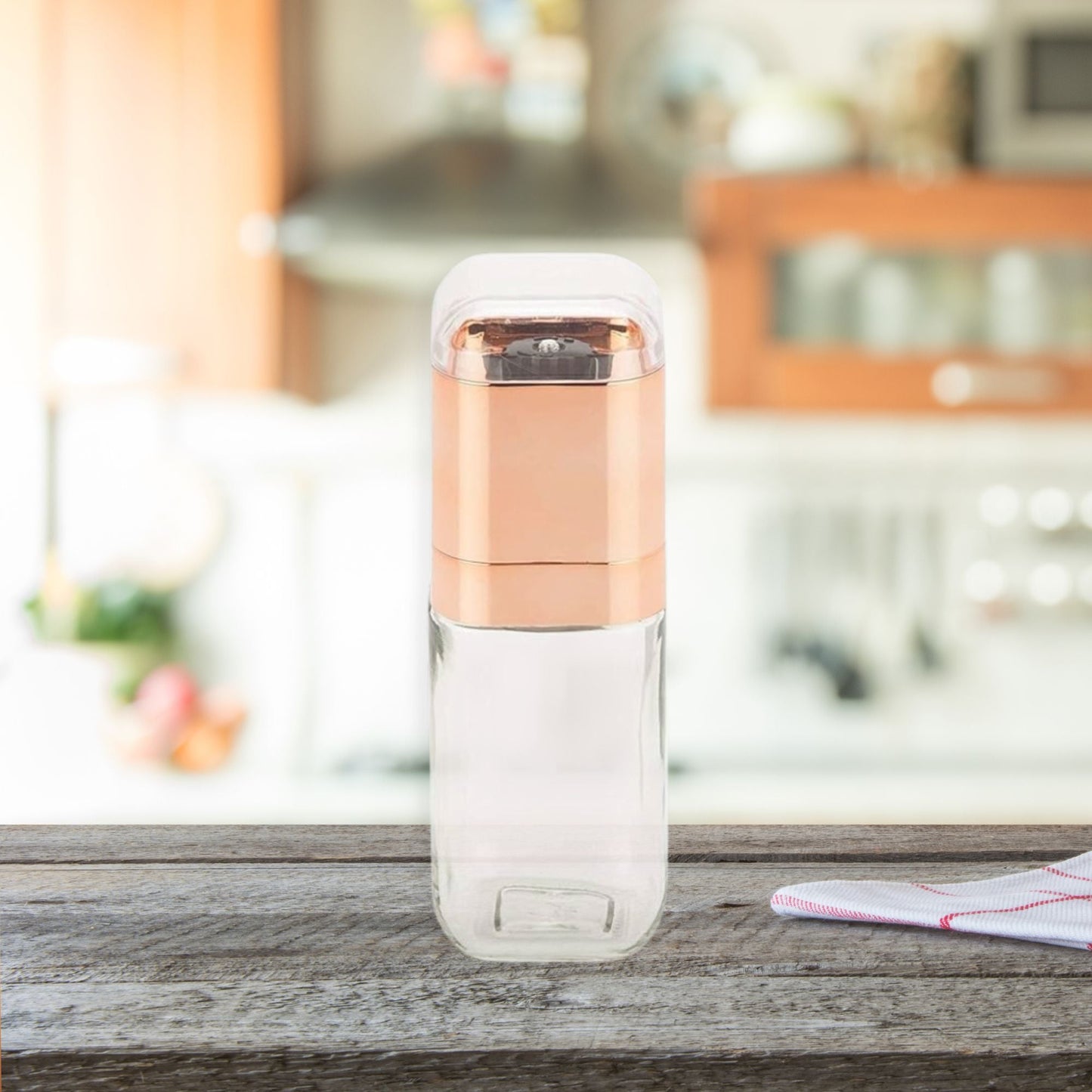 Orku Single Salt or Pepper Grinder 180ml – Glass Manual Mill with Rose Gold Lid