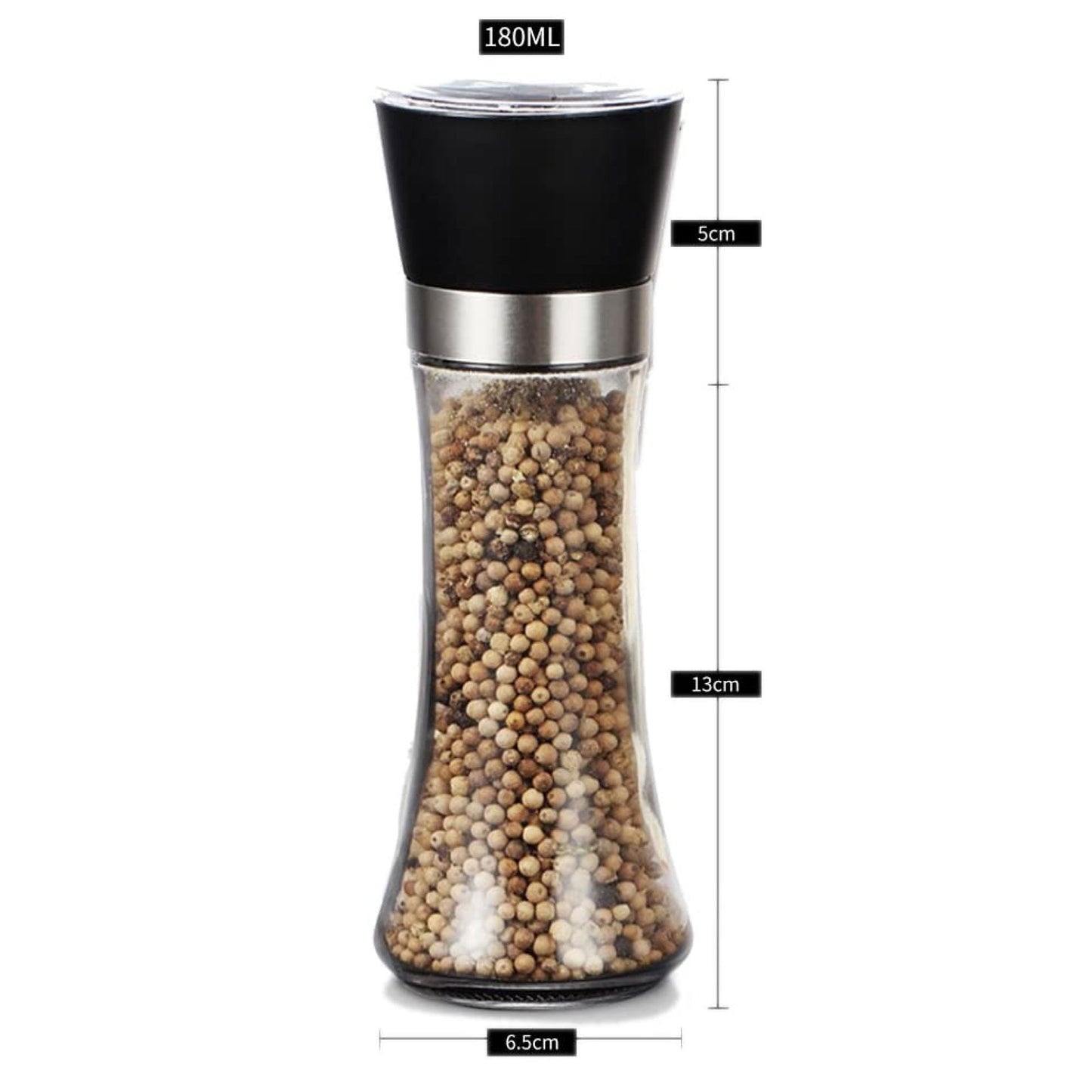 180ml Glass Salt or Pepper Grinder 18cm - Adjustable Ceramic Core, Ergonomic Design