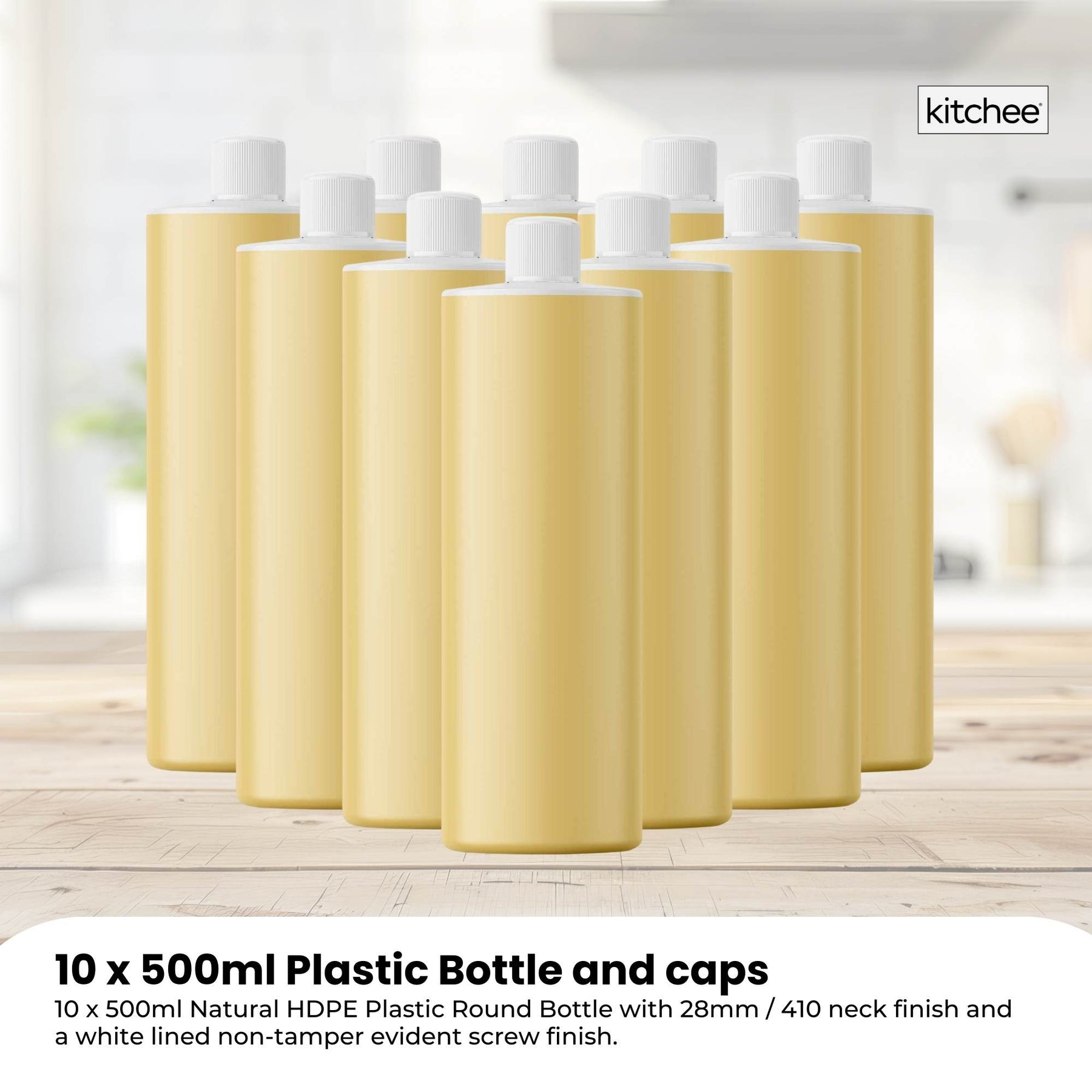 10 x 500ml Natural HDPE Plastic Round Bottles with 28mm Caps - Food Grade - SuperSaverAU - view 2