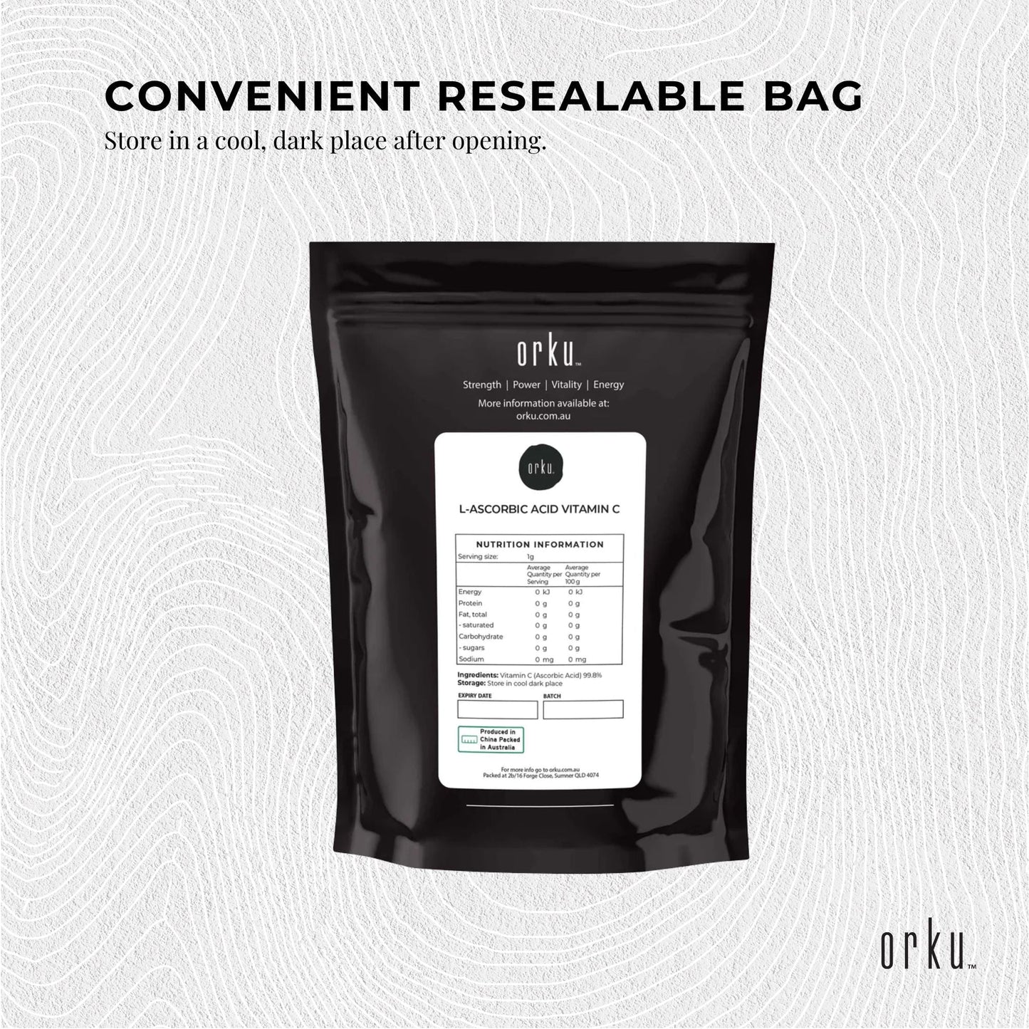 Orku 400g Vitamin C Powder Pure L-Ascorbic Acid - USP Grade Non-GMO