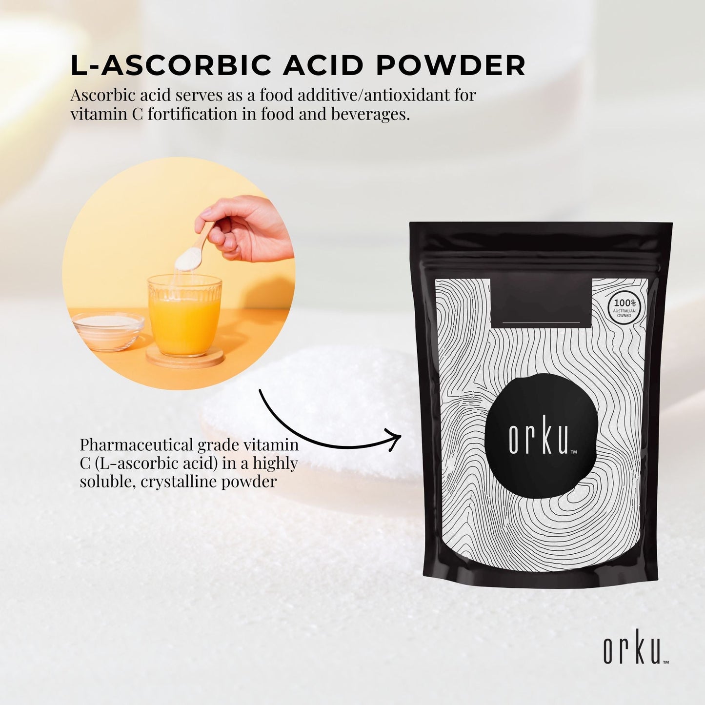 Orku 400g Vitamin C Powder Pure L-Ascorbic Acid - USP Grade Non-GMO