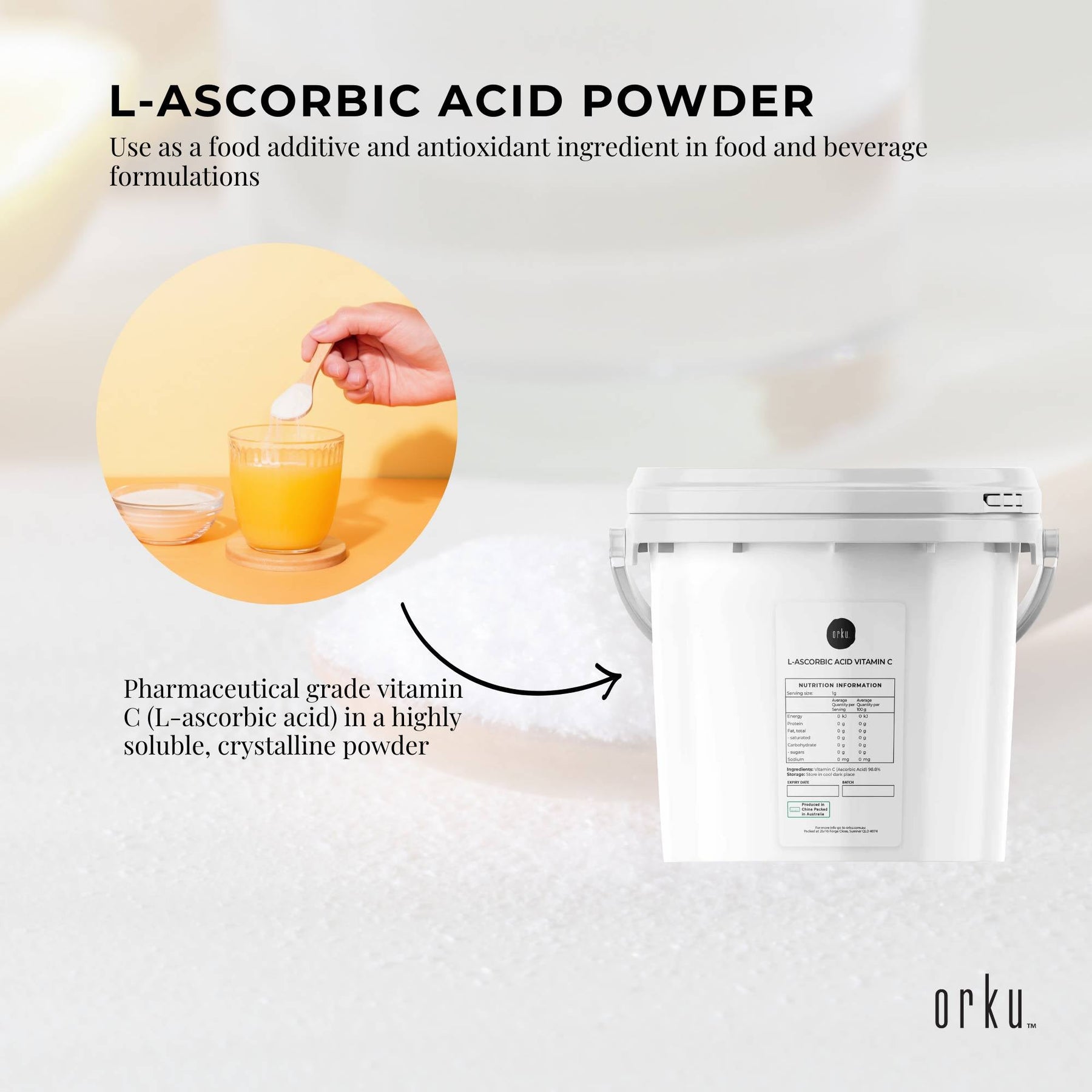 Orku Pure L-Ascorbic Acid Vitamin C Powder 5Kg USP Grade Non-GMO - SuperSaverAU - view 5