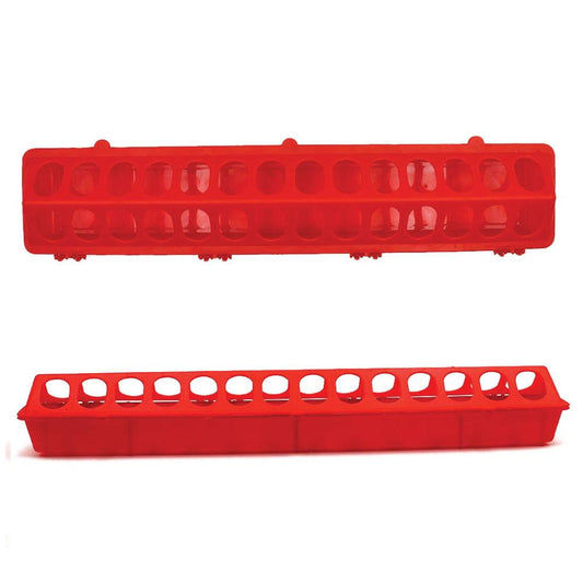 50cm Red Poultry Feeder - Plastic Flip Top Trough with Hinged Opening
