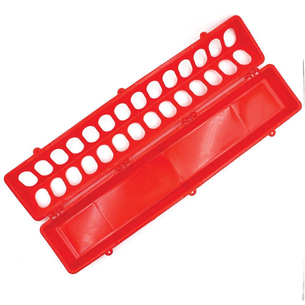 50cm Red Poultry Feeder - Plastic Flip Top Trough with Hinged Opening
